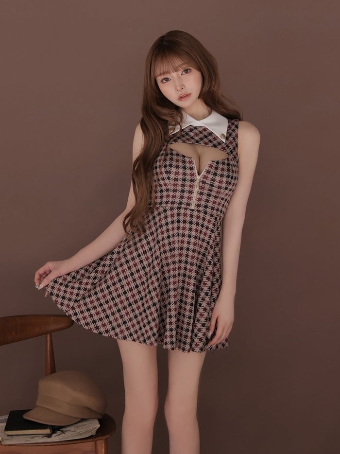 ROBE de FLEURS ローブドフルール 千鳥チェックニットカラーフレアミニキャバドレス fm5208-c