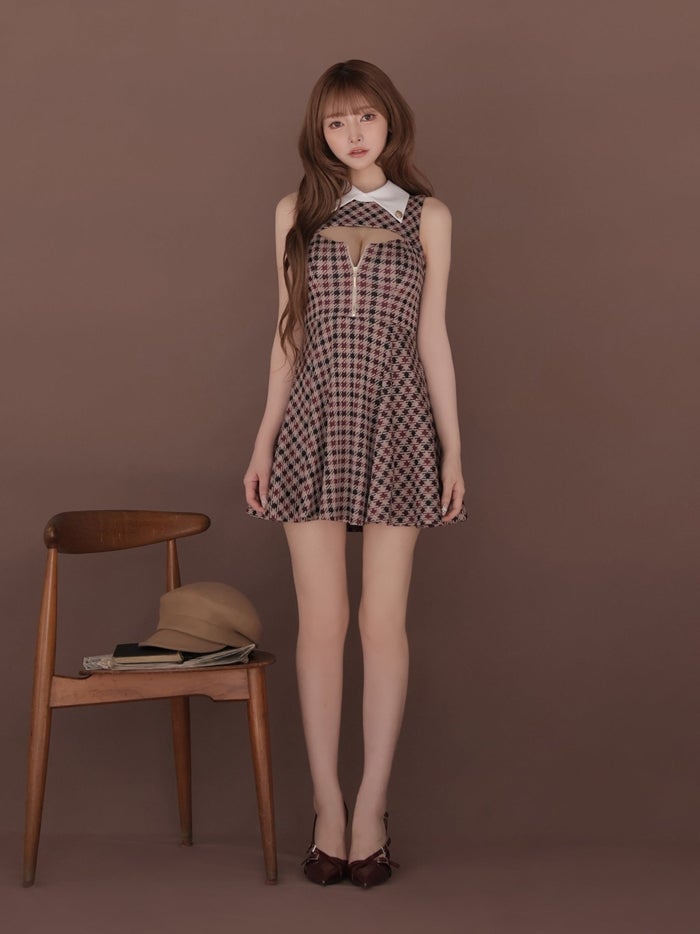 ROBE de FLEURS ローブドフルール 千鳥チェックニットカラーフレアミニキャバドレス fm5208-c