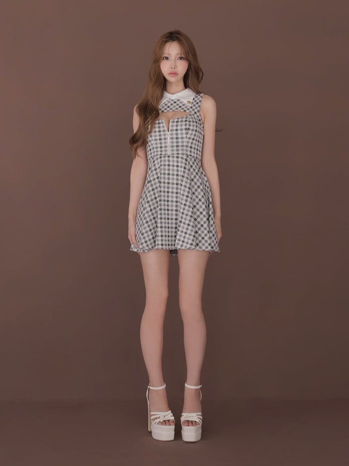 ROBE de FLEURS ローブドフルール 千鳥チェックニットカラーフレアミニキャバドレス fm5208-c