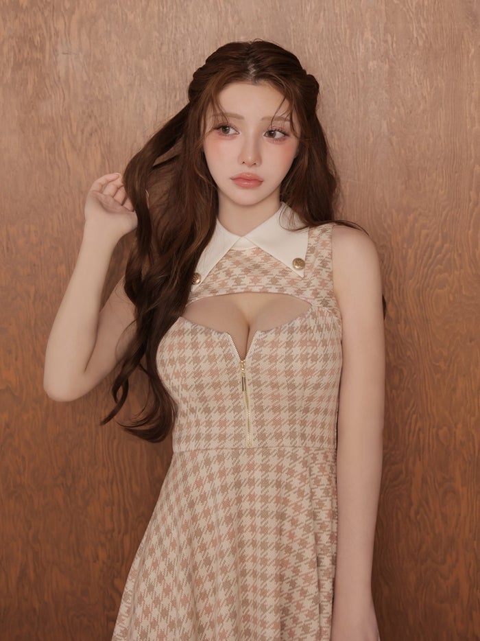 ROBE de FLEURS ローブドフルール 千鳥チェックニットカラーフレアミニキャバドレス fm5208-c