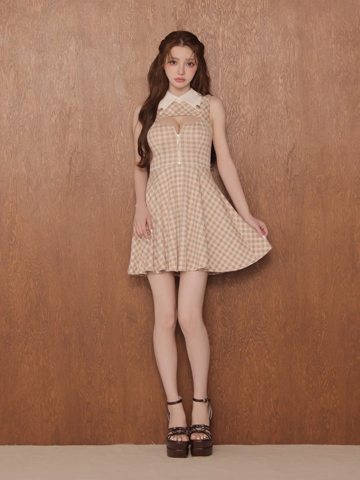 ROBE de FLEURS ローブドフルール 千鳥チェックニットカラーフレアミニキャバドレス fm5208-c
