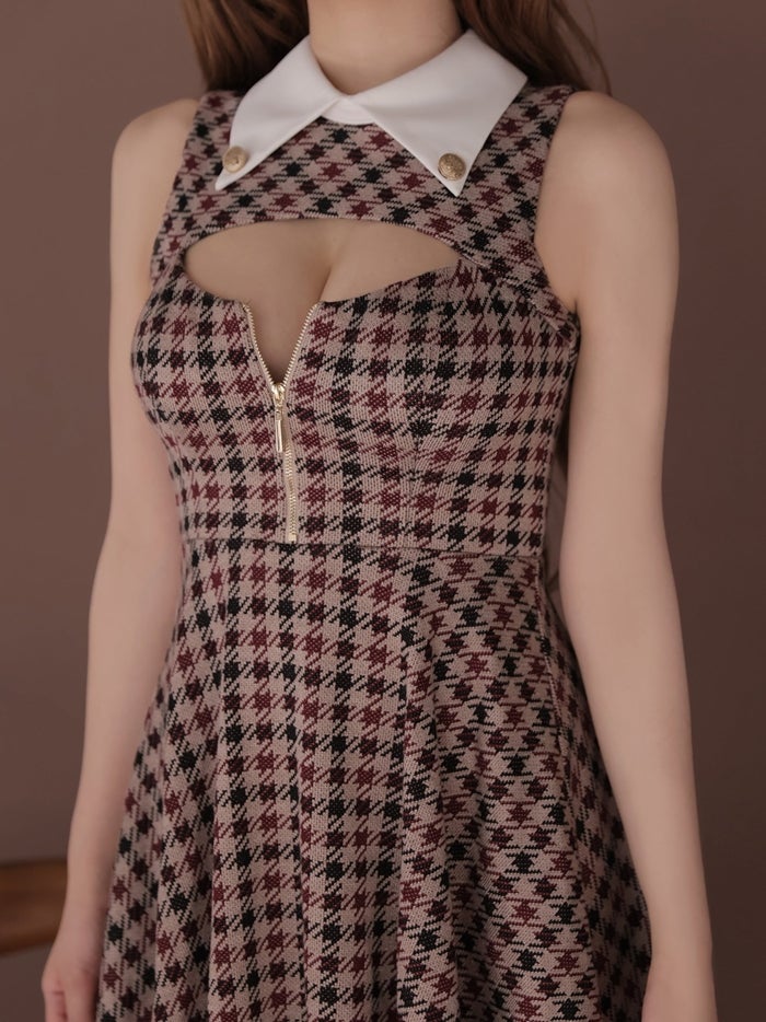 ROBE de FLEURS ローブドフルール 千鳥チェックニットカラーフレアミニキャバドレス fm5208-c