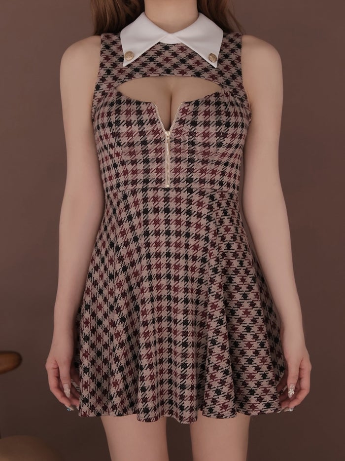 ROBE de FLEURS ローブドフルール 千鳥チェックニットカラーフレアミニキャバドレス fm5208-c