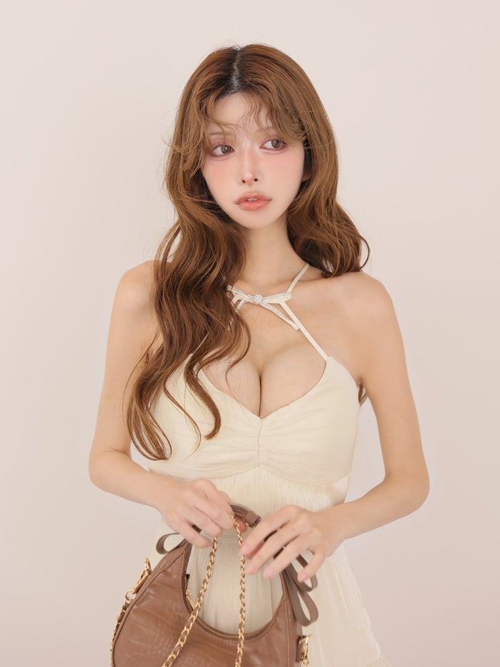 ROBE de FLEURS ローブドフルール ホルターリボンシアーサテンフレアミニキャバドレス fm5049-c