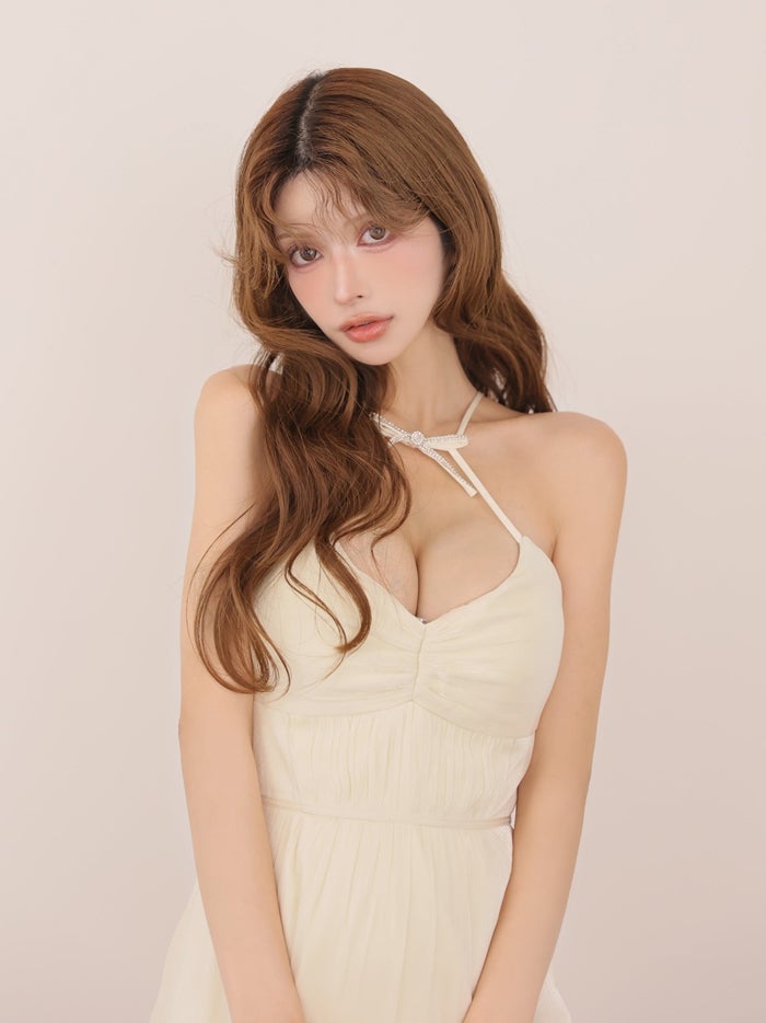 ROBE de FLEURS ローブドフルール ホルターリボンシアーサテンフレアミニキャバドレス fm5049-c