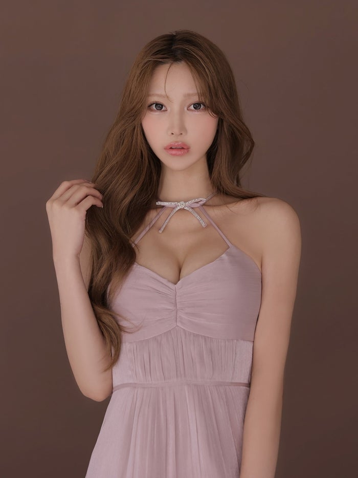 ROBE de FLEURS ローブドフルール ホルターリボンシアーサテンフレアミニキャバドレス fm5049-c