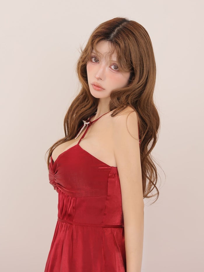 ROBE de FLEURS ローブドフルール ホルターリボンシアーサテンフレアミニキャバドレス fm5049-c