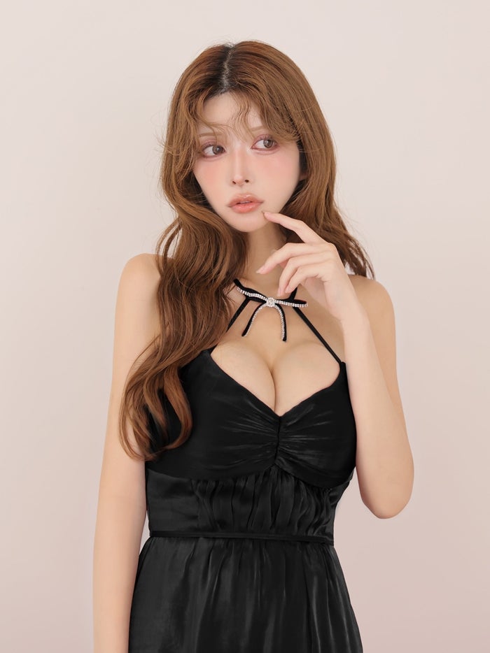 ROBE de FLEURS ローブドフルール ホルターリボンシアーサテンフレアミニキャバドレス fm5049-c