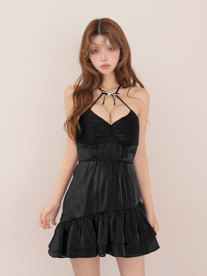 ROBE de FLEURS ローブドフルール ホルターリボンシアーサテンフレアミニキャバドレス fm5049-c