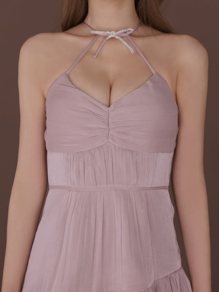 ROBE de FLEURS ローブドフルール ホルターリボンシアーサテンフレアミニキャバドレス fm5049-c