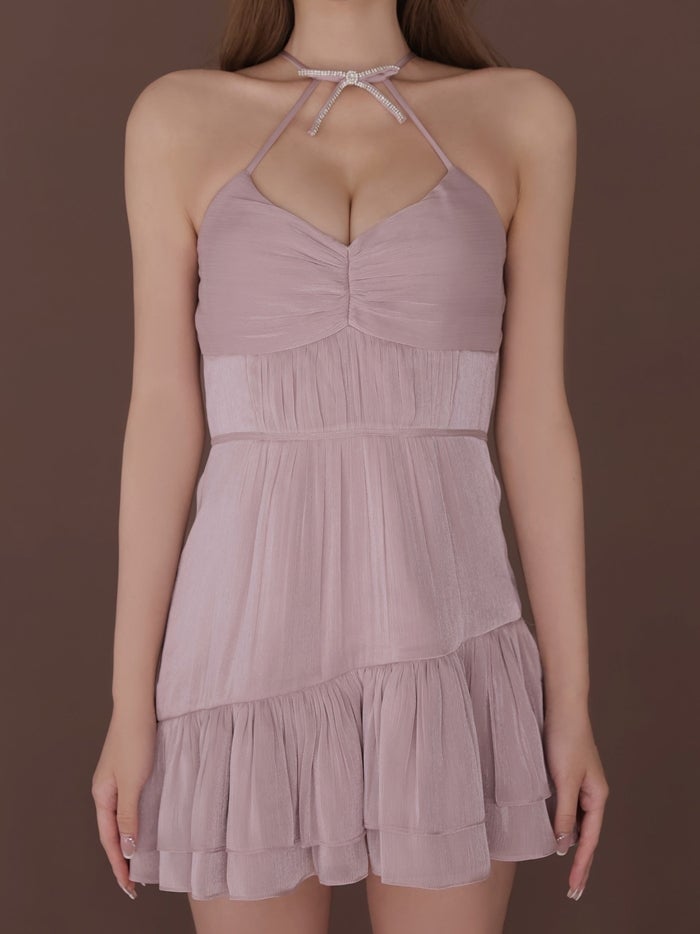 ROBE de FLEURS ローブドフルール ホルターリボンシアーサテンフレアミニキャバドレス fm5049-c