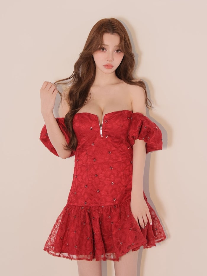 ROBE de FLEURS ローブドフルール スパンコールフラワーレースオフショルミニキャバドレス fm4942-c