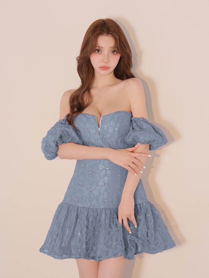 ROBE de FLEURS ローブドフルール スパンコールフラワーレースオフショルミニキャバドレス fm4942-c