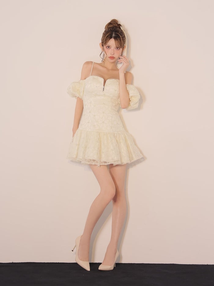ROBE de FLEURS ローブドフルール スパンコールフラワーレースオフショルミニキャバドレス fm4942-c