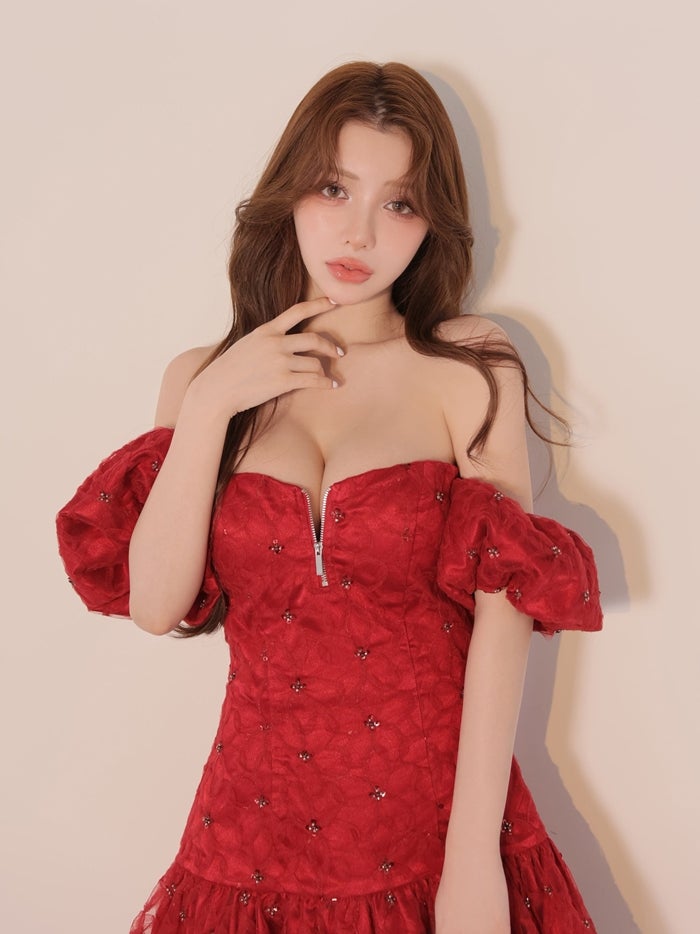 ROBE de FLEURS ローブドフルール スパンコールフラワーレースオフショルミニキャバドレス fm4942-c