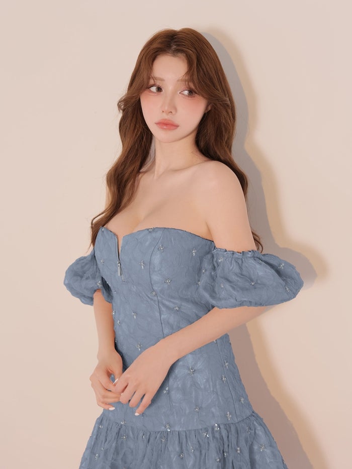 ROBE de FLEURS ローブドフルール スパンコールフラワーレースオフショルミニキャバドレス fm4942-c