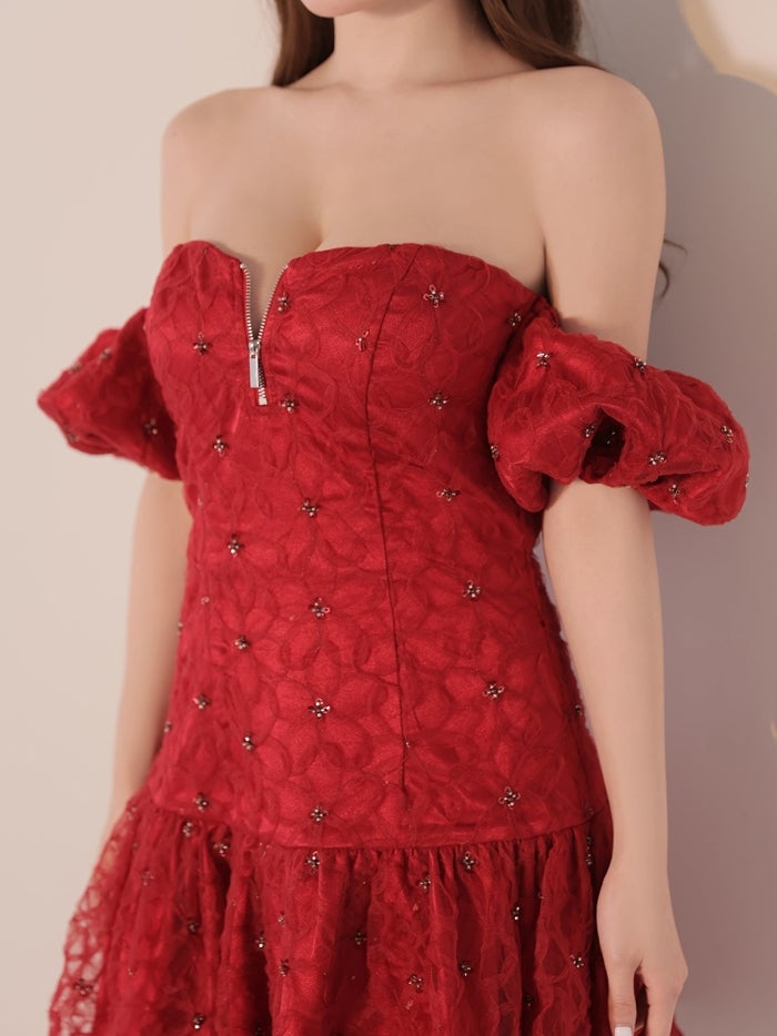 ROBE de FLEURS ローブドフルール スパンコールフラワーレースオフショルミニキャバドレス fm4942-c