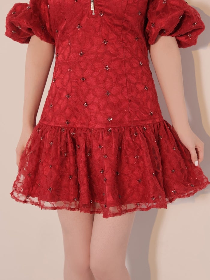 ROBE de FLEURS ローブドフルール スパンコールフラワーレースオフショルミニキャバドレス fm4942-c