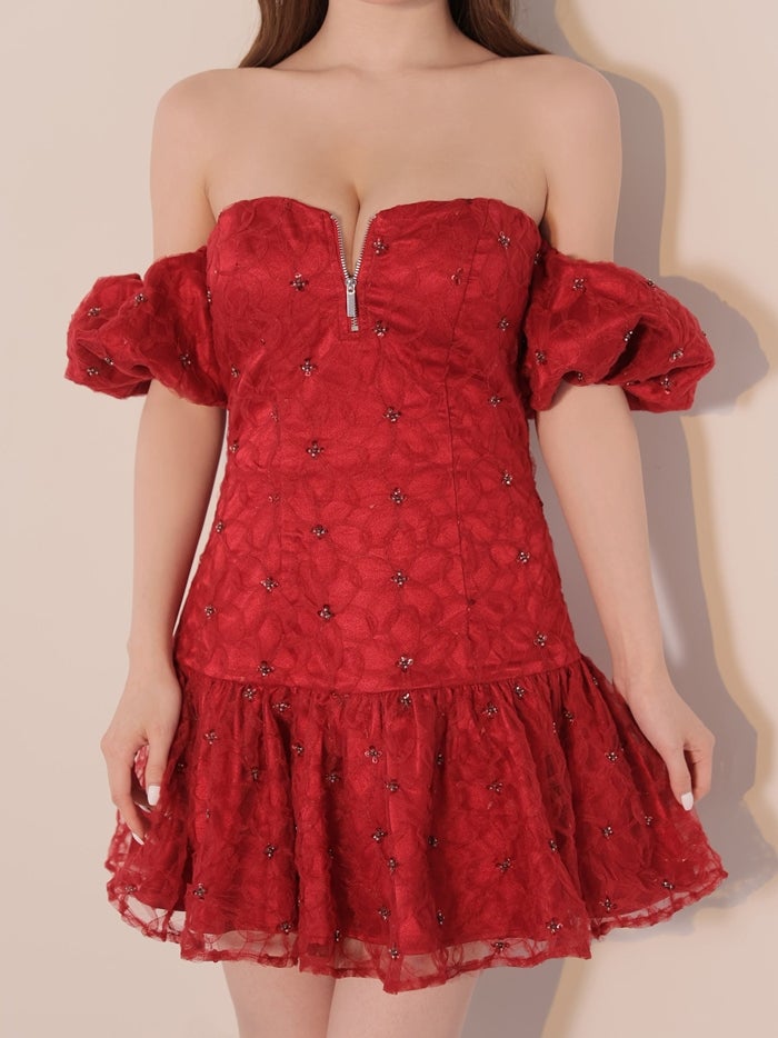 ROBE de FLEURS ローブドフルール スパンコールフラワーレースオフショルミニキャバドレス fm4942-c
