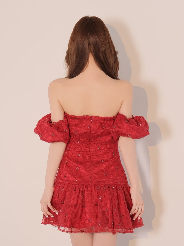 ROBE de FLEURS ローブドフルール スパンコールフラワーレースオフショルミニキャバドレス fm4942-c