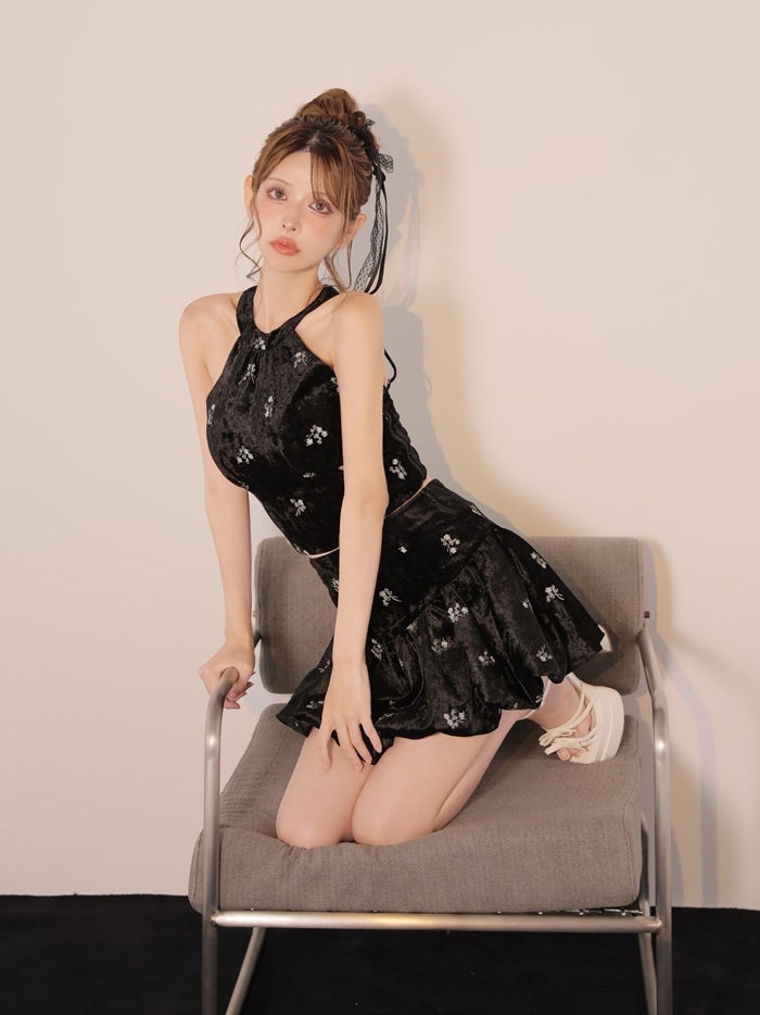 ROBE de FLEURS ローブドフルール フラワーステッチベロアホルターミニキャバドレス fm5237-c