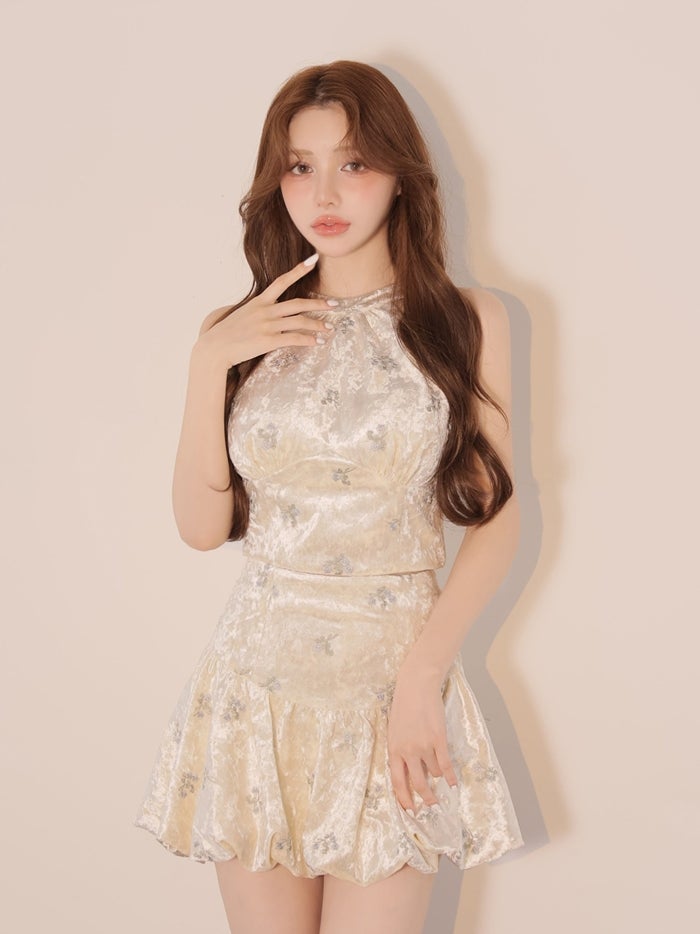 ROBE de FLEURS ローブドフルール フラワーステッチベロアホルターミニキャバドレス fm5237-c