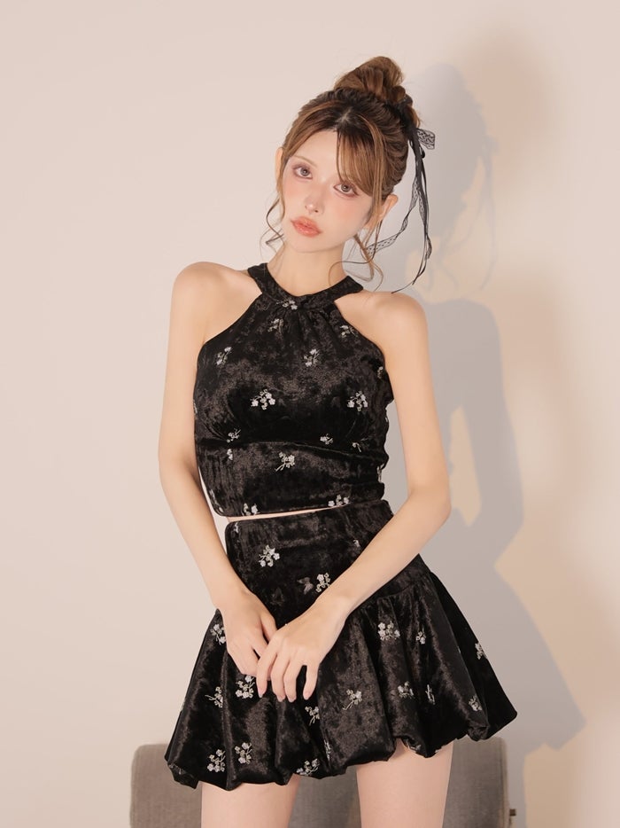 ROBE de FLEURS ローブドフルール フラワーステッチベロアホルターミニキャバドレス fm5237-c