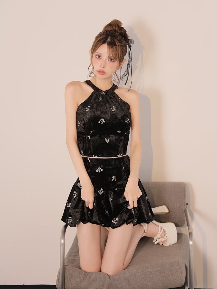 ROBE de FLEURS ローブドフルール フラワーステッチベロアホルターミニキャバドレス fm5237-c