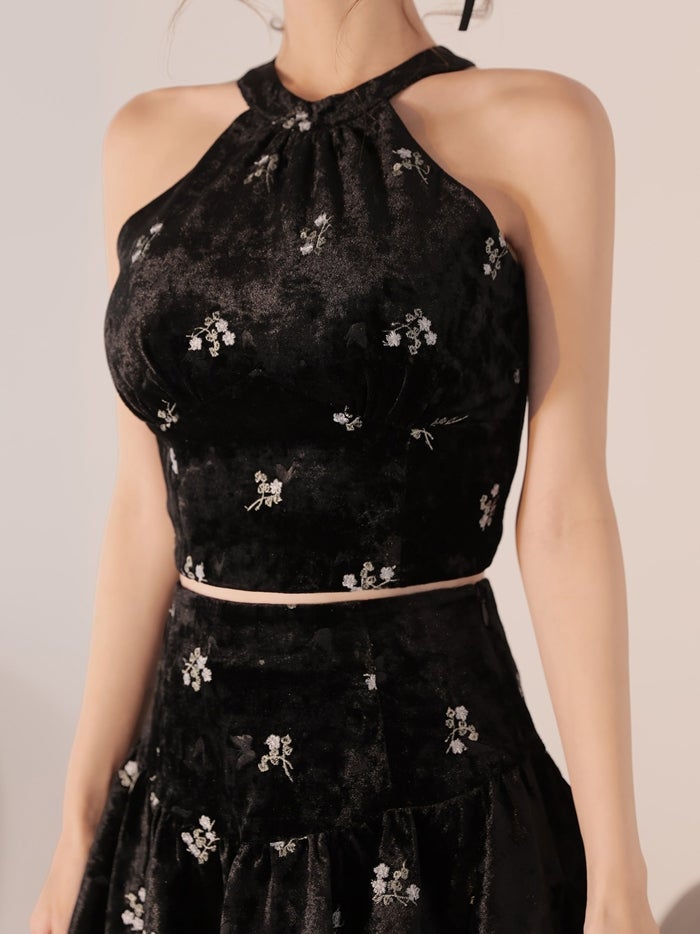 ROBE de FLEURS ローブドフルール フラワーステッチベロアホルターミニキャバドレス fm5237-c