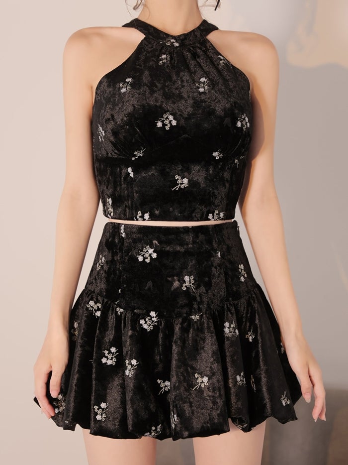 ROBE de FLEURS ローブドフルール フラワーステッチベロアホルターミニキャバドレス fm5237-c