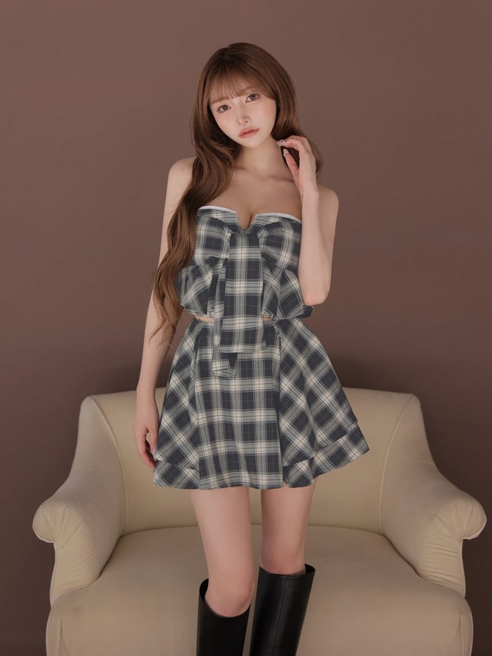 ROBE de FLEURS ローブドフルール チェックベアリボンセットアップミニキャバドレス fm4959-c