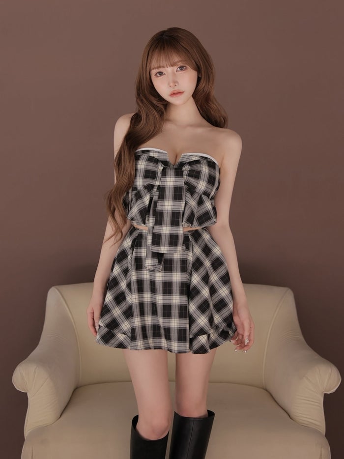 ROBE de FLEURS ローブドフルール チェックベアリボンセットアップミニキャバドレス fm4959-c