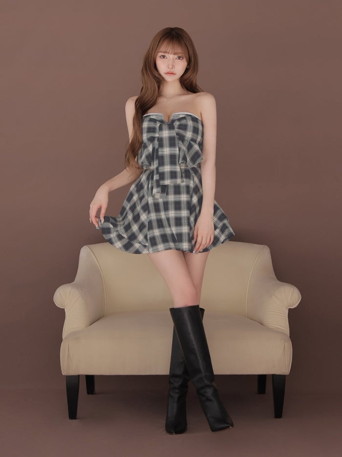 ROBE de FLEURS ローブドフルール チェックベアリボンセットアップミニキャバドレス fm4959-c